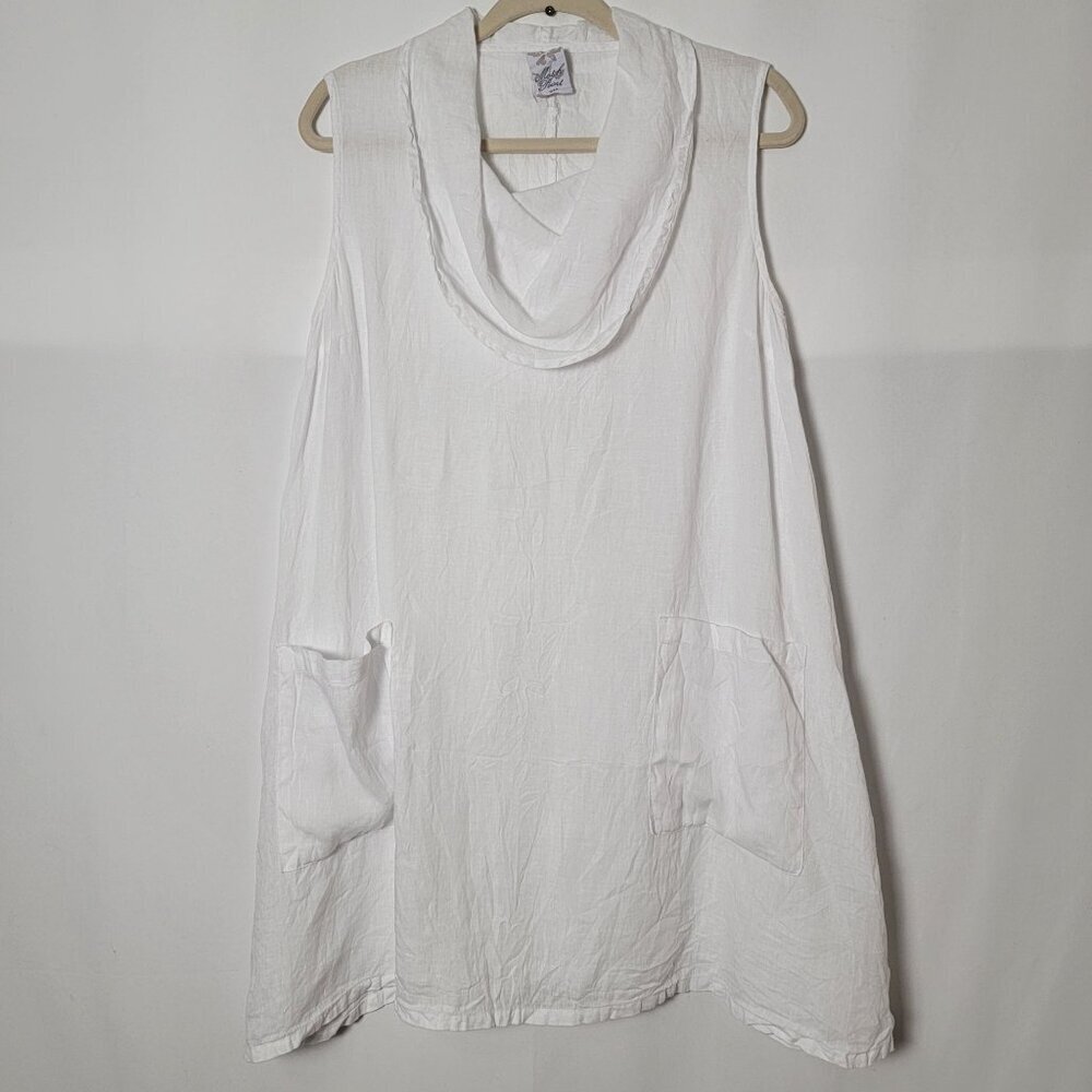 Match Point White Linen Lagenlook Beachy Sleeveless Cowl Neck Dress Pockets S